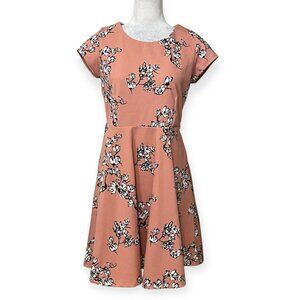 Zink London Size M Peach Floral Fit & Flare Dress Short Sleeve Lined Side Zip